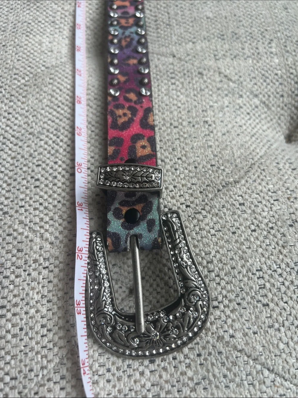 Kids Multicolor Leopard Print Studded Belt with Decorative Silver Buckle